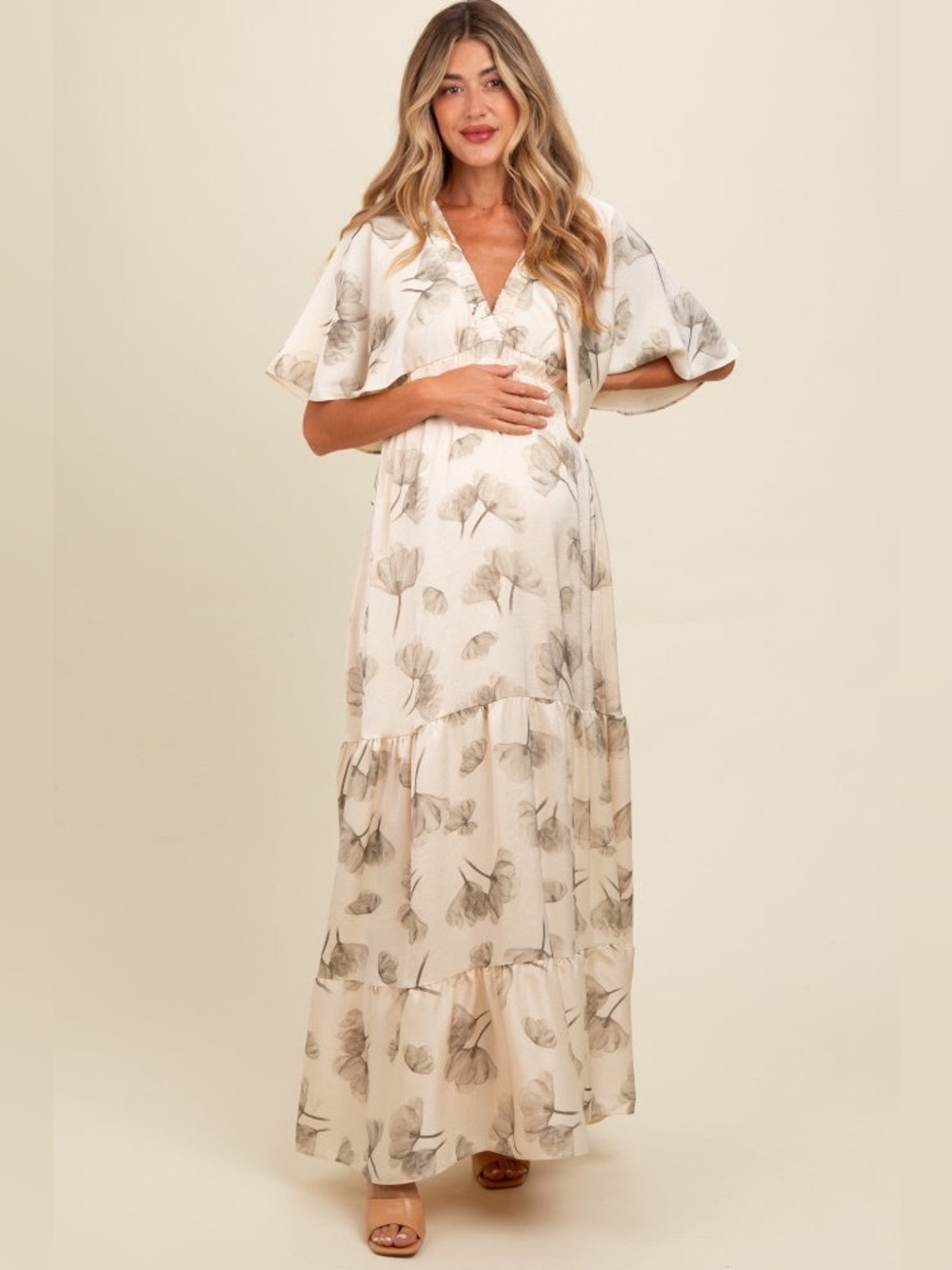 Rhea & Thea Cream Floral Deep V-Neck Maternity Maxi Dress Medium